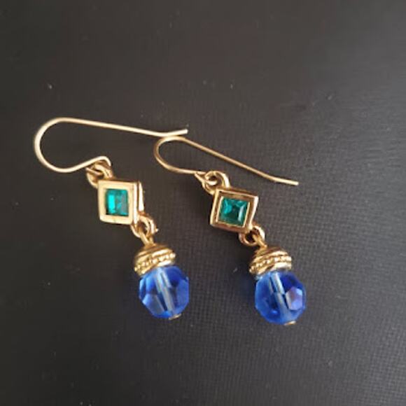 Swarovski Dainty Drop Earrings Green and Blue Crystals Gold Plate Swan Signed - Picture 1 of 5